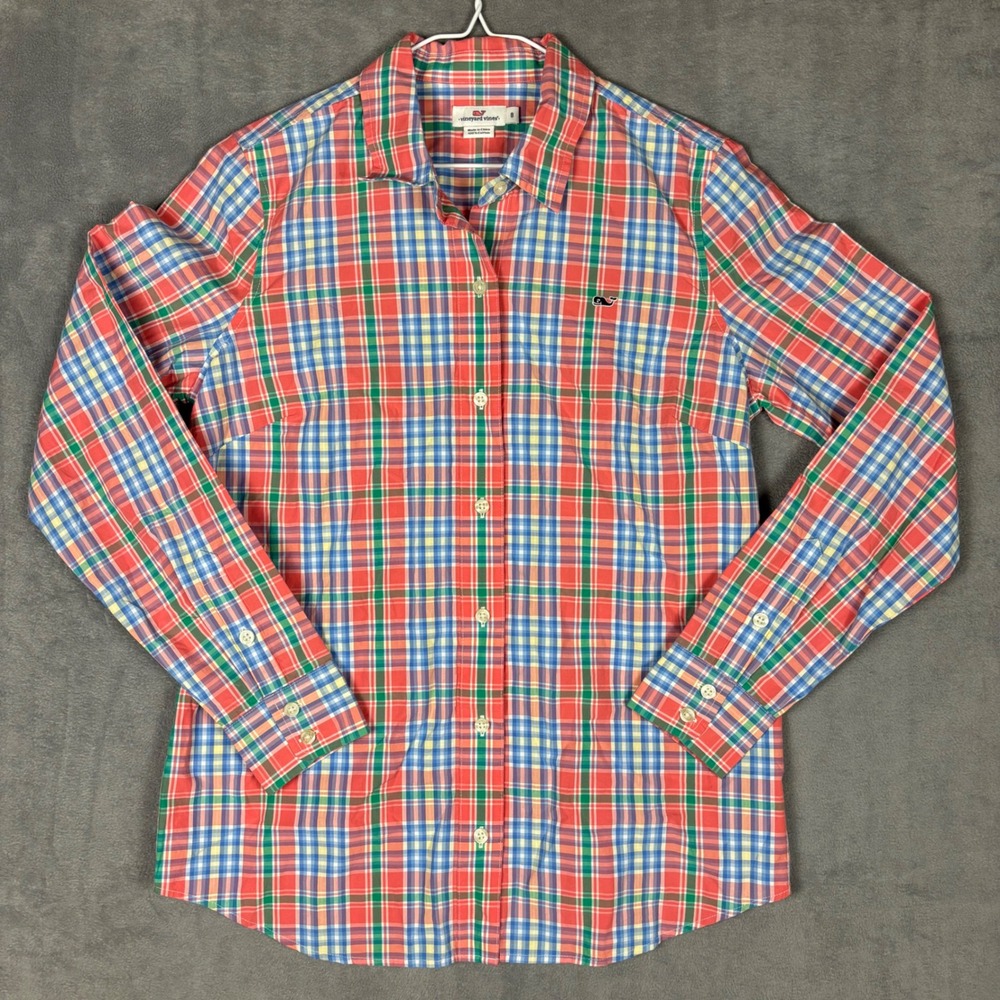 Vineyard Vines Womens Pink Green Blue Plaid Cotton Button Down Shirt Size 8